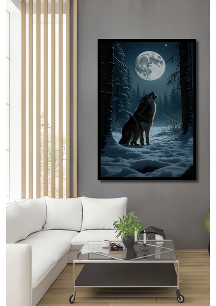 Çerçeve Görünümlü Dolunayda Uluyan Kurt Yağlı Boya Görünümlü Dekoratif Ahşap Işyeri/ofis Kare Tablo