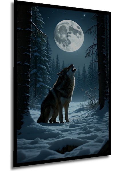 Çerçeve Görünümlü Dolunayda Uluyan Kurt Yağlı Boya Görünümlü Dekoratif Ahşap Işyeri/ofis Kare Tablo modelleri