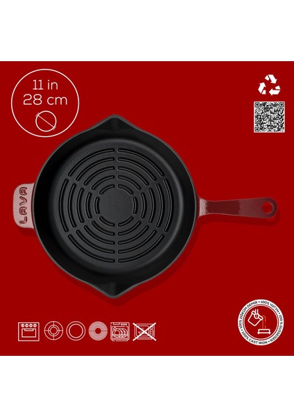 Döküm Yuvarlak Izgara Tava Döküm Demir Yekpare Saplı Radyal Dokulu Iç Yüzey ÇAP(Ø)28CM.-BORDO fırsatları