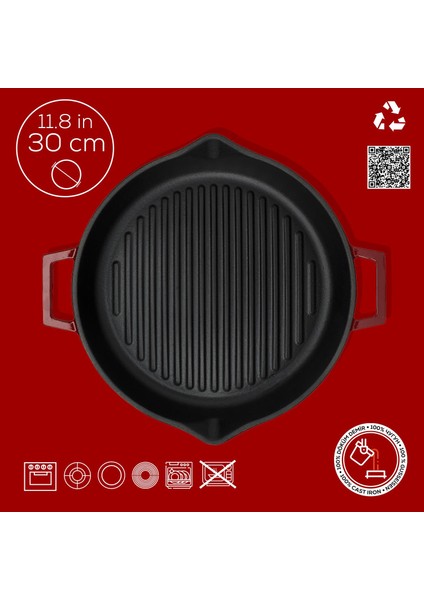 Döküm Yuvarlak Izgara Tavası Döküm Demir Yekpare Çift Kulplu Konkav Taban 15MM. ÇAP(Ø)30CM.-BORDO fırsatları