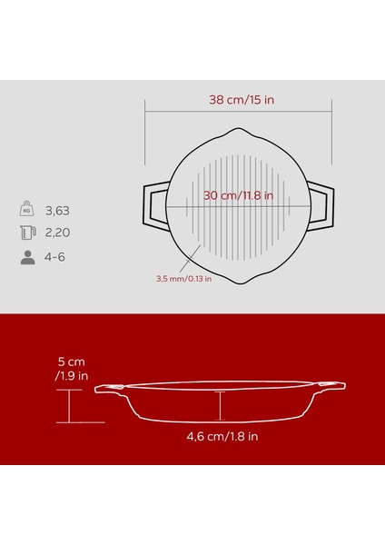 Döküm Yuvarlak Izgara Tavası Döküm Demir Yekpare Çift Kulplu Konkav Taban 15MM. ÇAP(Ø)30CM.-BORDO indirimleri