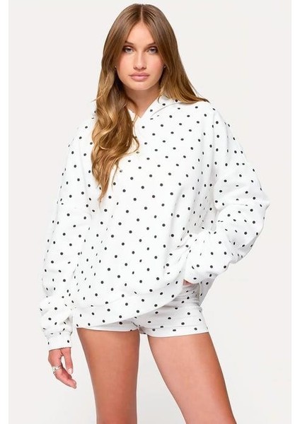 Beyaz Puantiyeli Kapüşonlu Kadın Sweatshirt MG2560