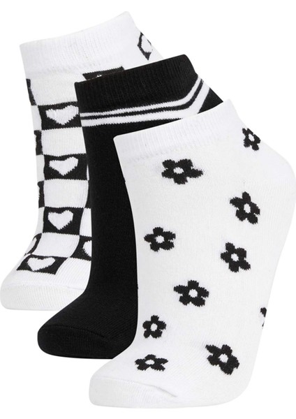 Kadın 3'lü Pamuklu Çizgili Kalp Ve Çiçek Desenli Patik Çorap W8968AZNS