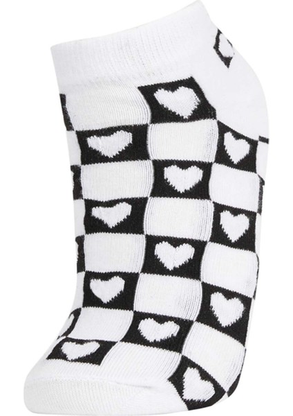 Kadın 3'lü Pamuklu Çizgili Kalp Ve Çiçek Desenli Patik Çorap W8968AZNS