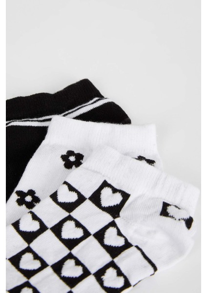 Kadın 3'lü Pamuklu Çizgili Kalp Ve Çiçek Desenli Patik Çorap W8968AZNS