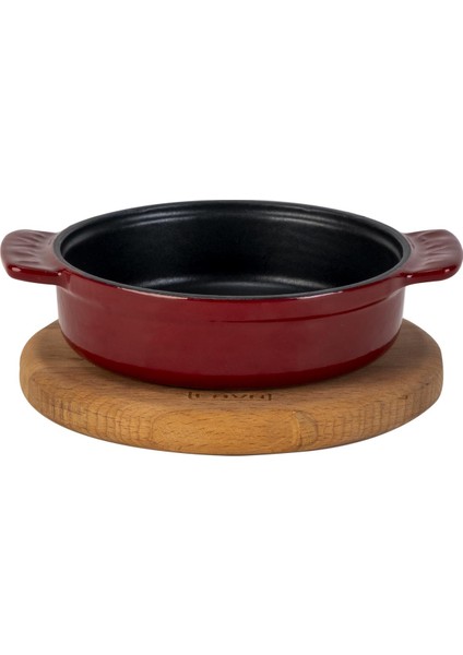 Döküm Yuvarlak Güveç Kabı Döküm Demir Yekpare Çift Kulplu Kayın Servis Ahşabı ÇAP(Ø)14CM.-BORDO