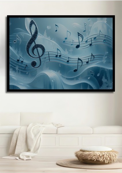 Çerçeve Görünümlü Buz Müzik Notaları Sulu Boya Görünümlü Dekoratif Ahşap Ev/işyeri/ofis Kare Tablo