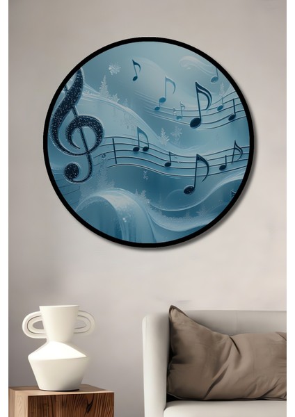Çerçeve Görünümlü Buz Müzik Notaları Sulu Boya Görünümlü Dekoratif Ahşap Işyeri/ofis Yuvarlak Tablo