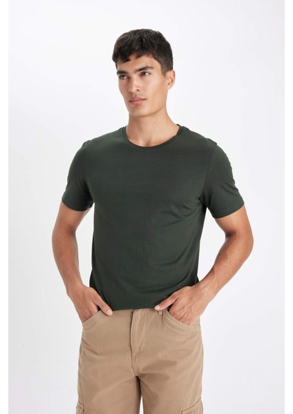Slim Fit Dar Kesim Bisiklet Yaka Modal Karışımlı Pamuklu Basic Düz Kısa Kollu Tişört M6606AZ23SP