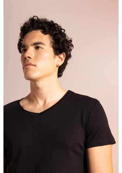 Slim Fit V Yaka Basic Kısa Kollu %100 Pamuk Tişört M4791AZ23SM