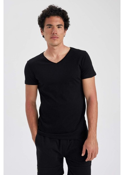 Slim Fit V Yaka Basic Kısa Kollu %100 Pamuk Tişört M4791AZ23SM