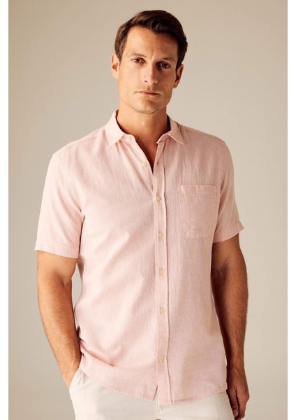 Regular Fit Polo Yaka Keten Karışımlı Kısa Kollu Gömlek W7946AZ23SM