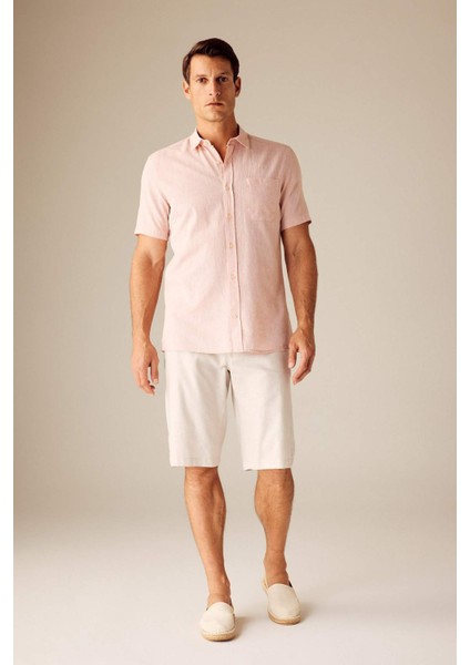 Regular Fit Polo Yaka Keten Karışımlı Kısa Kollu Gömlek W7946AZ23SM