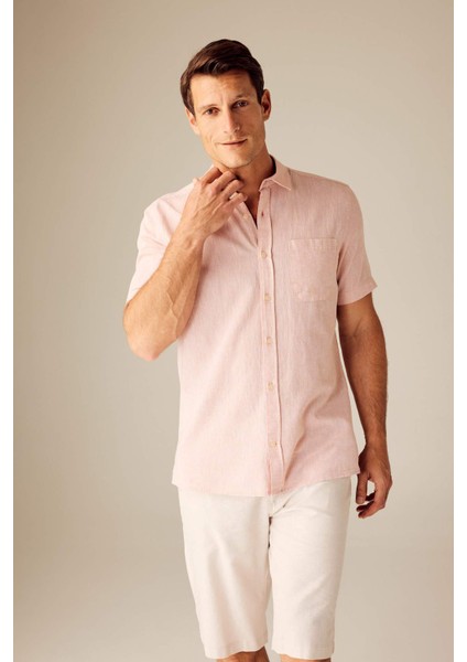Regular Fit Polo Yaka Keten Karışımlı Kısa Kollu Gömlek W7946AZ23SM