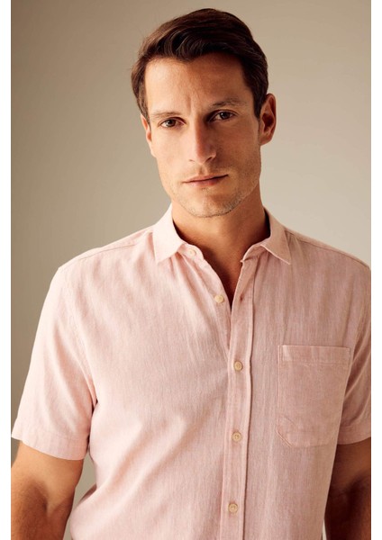 Regular Fit Polo Yaka Keten Karışımlı Kısa Kollu Gömlek W7946AZ23SM