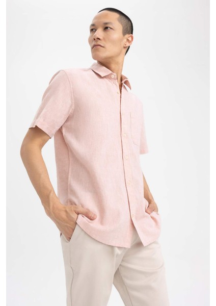 Regular Fit Polo Yaka Keten Karışımlı Kısa Kollu Gömlek W7946AZ23SM