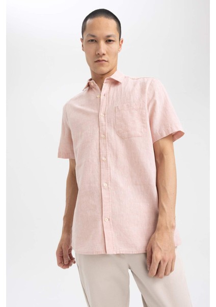 Regular Fit Polo Yaka Keten Karışımlı Kısa Kollu Gömlek W7946AZ23SM