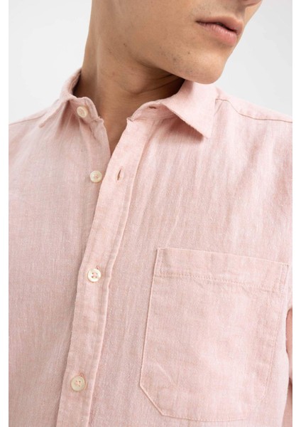 Regular Fit Polo Yaka Keten Karışımlı Kısa Kollu Gömlek W7946AZ23SM