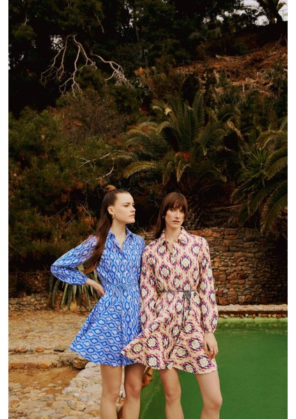 Gömlek Yaka Desenli Uzun Kollu Poplin Mini Elbise Z7469AZ23SP