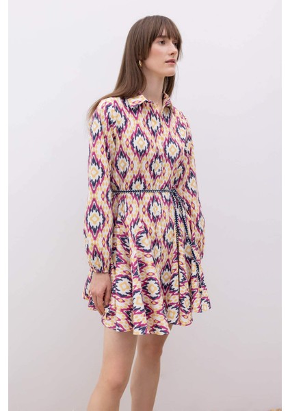 Gömlek Yaka Desenli Uzun Kollu Poplin Mini Elbise Z7469AZ23SP