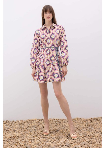 Gömlek Yaka Desenli Uzun Kollu Poplin Mini Elbise Z7469AZ23SP