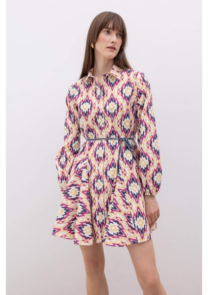Gömlek Yaka Desenli Uzun Kollu Poplin Mini Elbise Z7469AZ23SP