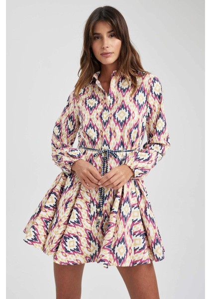 Gömlek Yaka Desenli Uzun Kollu Poplin Mini Elbise Z7469AZ23SP