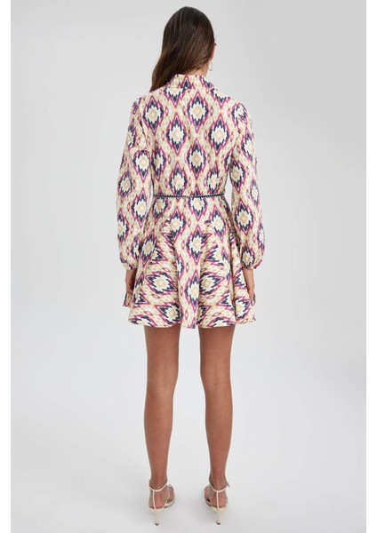 Gömlek Yaka Desenli Uzun Kollu Poplin Mini Elbise Z7469AZ23SP