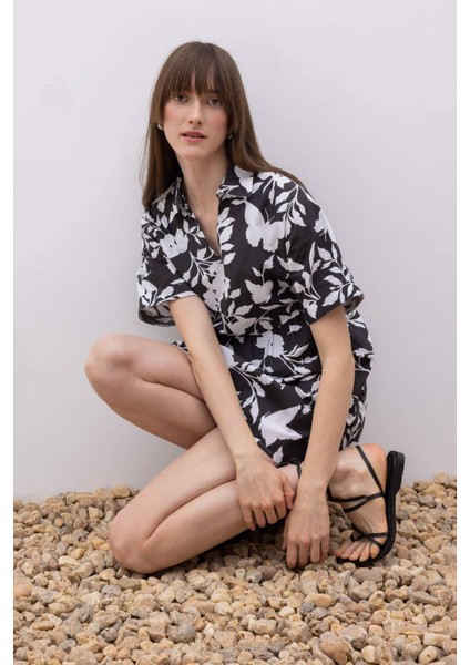 Gömlek Yaka Desenli Terry Cotton Mini Kısa Kollu Elbise