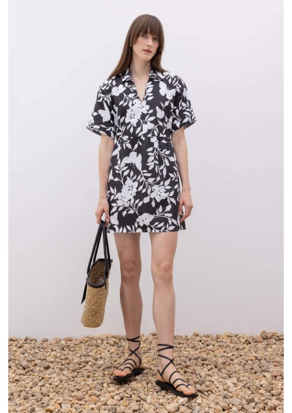 Gömlek Yaka Desenli Terry Cotton Mini Kısa Kollu Elbise