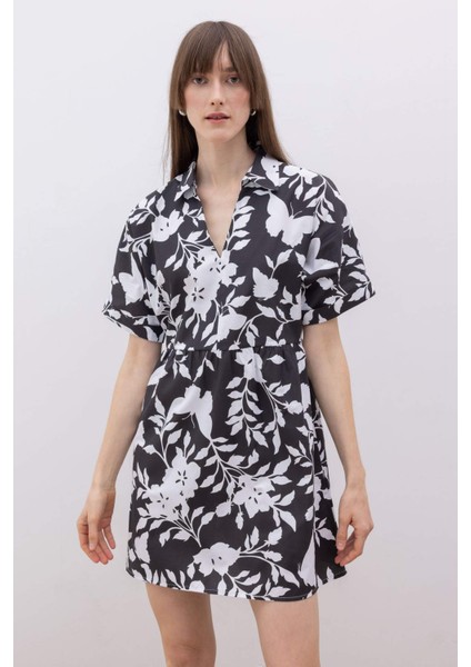 Gömlek Yaka Desenli Terry Cotton Mini Kısa Kollu Elbise
