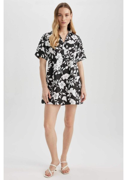 Gömlek Yaka Desenli Terry Cotton Mini Kısa Kollu Elbise