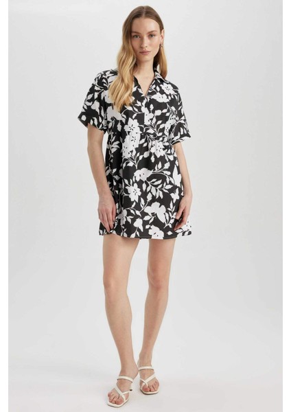 Gömlek Yaka Desenli Terry Cotton Mini Kısa Kollu Elbise