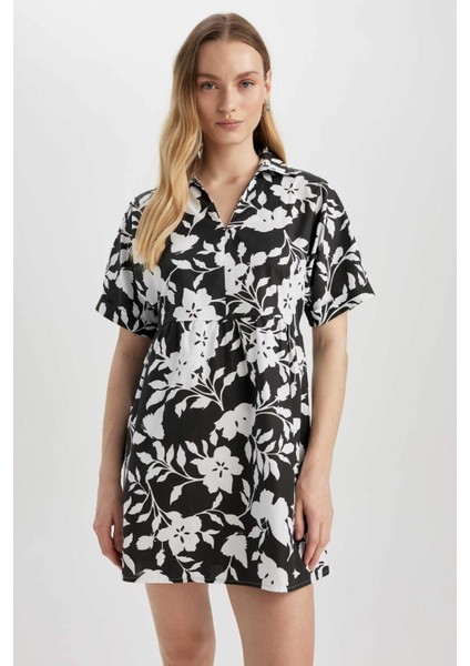 Gömlek Yaka Desenli Terry Cotton Mini Kısa Kollu Elbise