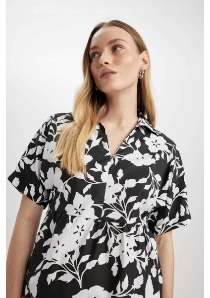Gömlek Yaka Desenli Terry Cotton Mini Kısa Kollu Elbise