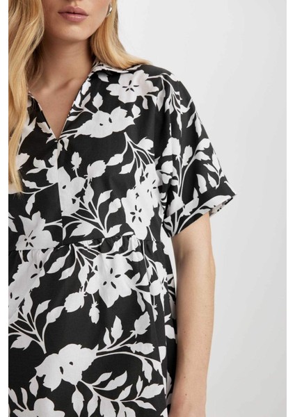 Gömlek Yaka Desenli Terry Cotton Mini Kısa Kollu Elbise