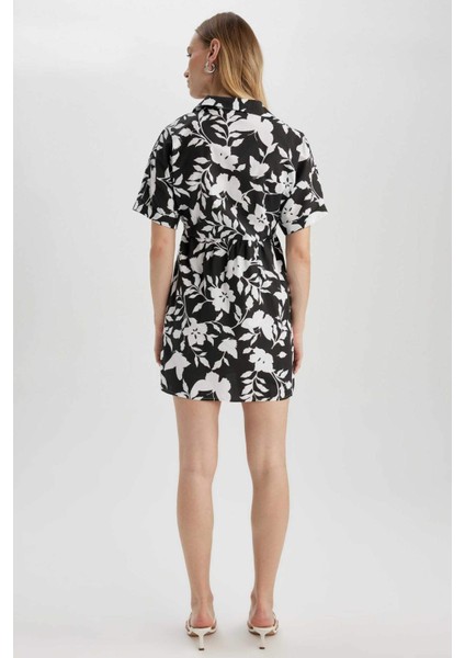 Gömlek Yaka Desenli Terry Cotton Mini Kısa Kollu Elbise