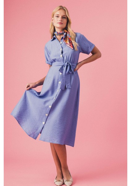 Gömlek Yaka Keten Görünümlü Kısa Kollu Midi Elbise