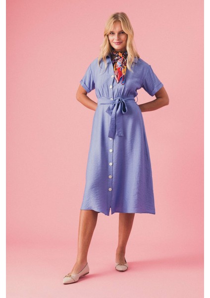 Gömlek Yaka Keten Görünümlü Kısa Kollu Midi Elbise