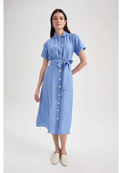 Gömlek Yaka Keten Görünümlü Kısa Kollu Midi Elbise