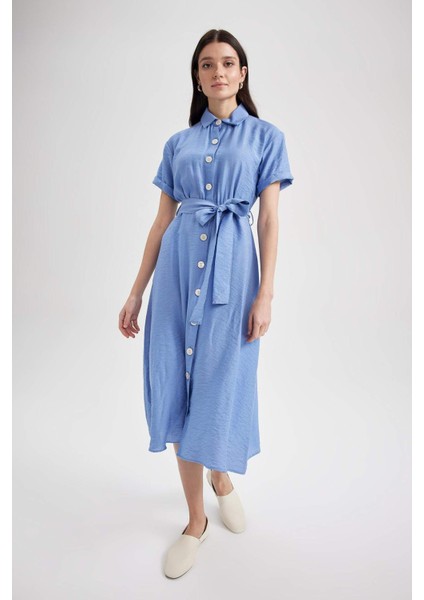 Gömlek Yaka Keten Görünümlü Kısa Kollu Midi Elbise