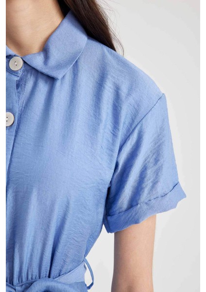 Gömlek Yaka Keten Görünümlü Kısa Kollu Midi Elbise