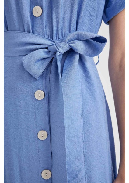 Gömlek Yaka Keten Görünümlü Kısa Kollu Midi Elbise