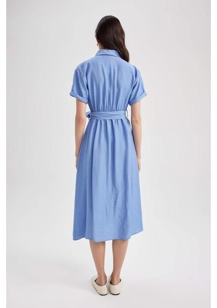 Gömlek Yaka Keten Görünümlü Kısa Kollu Midi Elbise
