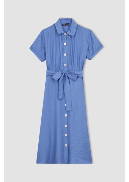 Gömlek Yaka Keten Görünümlü Kısa Kollu Midi Elbise