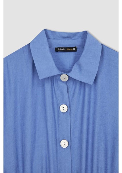 Gömlek Yaka Keten Görünümlü Kısa Kollu Midi Elbise