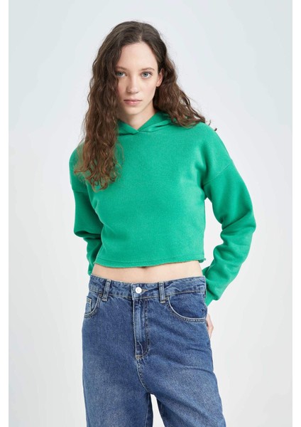 Crop Kapüşonlu Basic Düz Sweatshirt Z9510AZ22AU