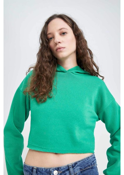 Crop Kapüşonlu Basic Düz Sweatshirt Z9510AZ22AU