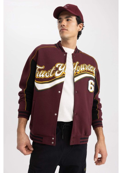 Oversize Fit Kolej Yaka Bomber Baskılı İçi Yumuşak Tüylü Hırka Z9179AZ23SP