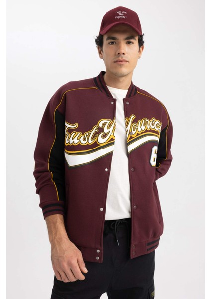 Oversize Fit Kolej Yaka Bomber Baskılı İçi Yumuşak Tüylü Hırka Z9179AZ23SP